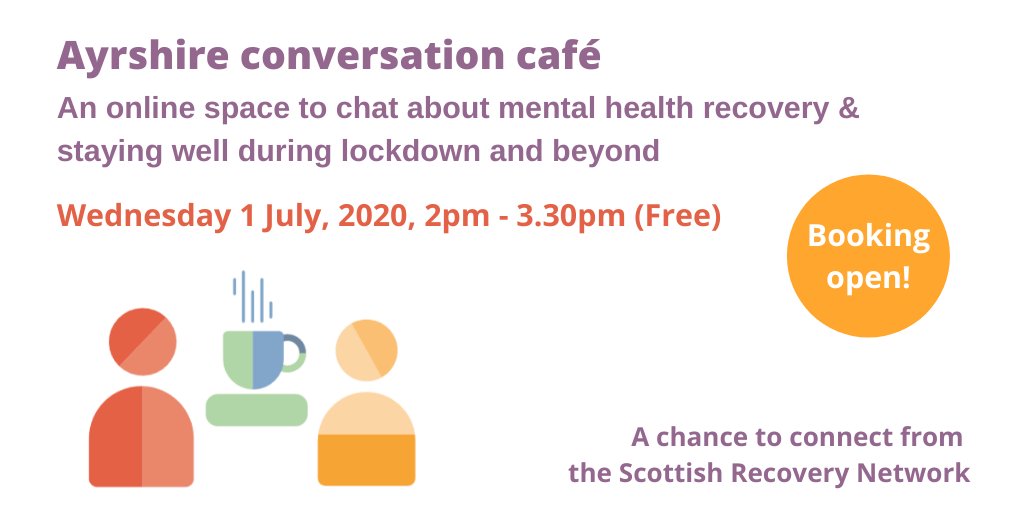 ScotRecoveryNet's tweet photo. Please RT ❤️
Booking for our #Ayrshire online conversation café is open!
➡️https://t.co/KGTgIMeZJA
#Wellbeing #COVID19 #MentalHealth #LetsTalkRecovery
@ayrshirenews @whatsonayrshire @EastRenCarers @HealthNac @Roisinrobertson @Samanthahodkin1 @VASouthAyrshire @CLWLeona https://t.co/D36cbIUrEP