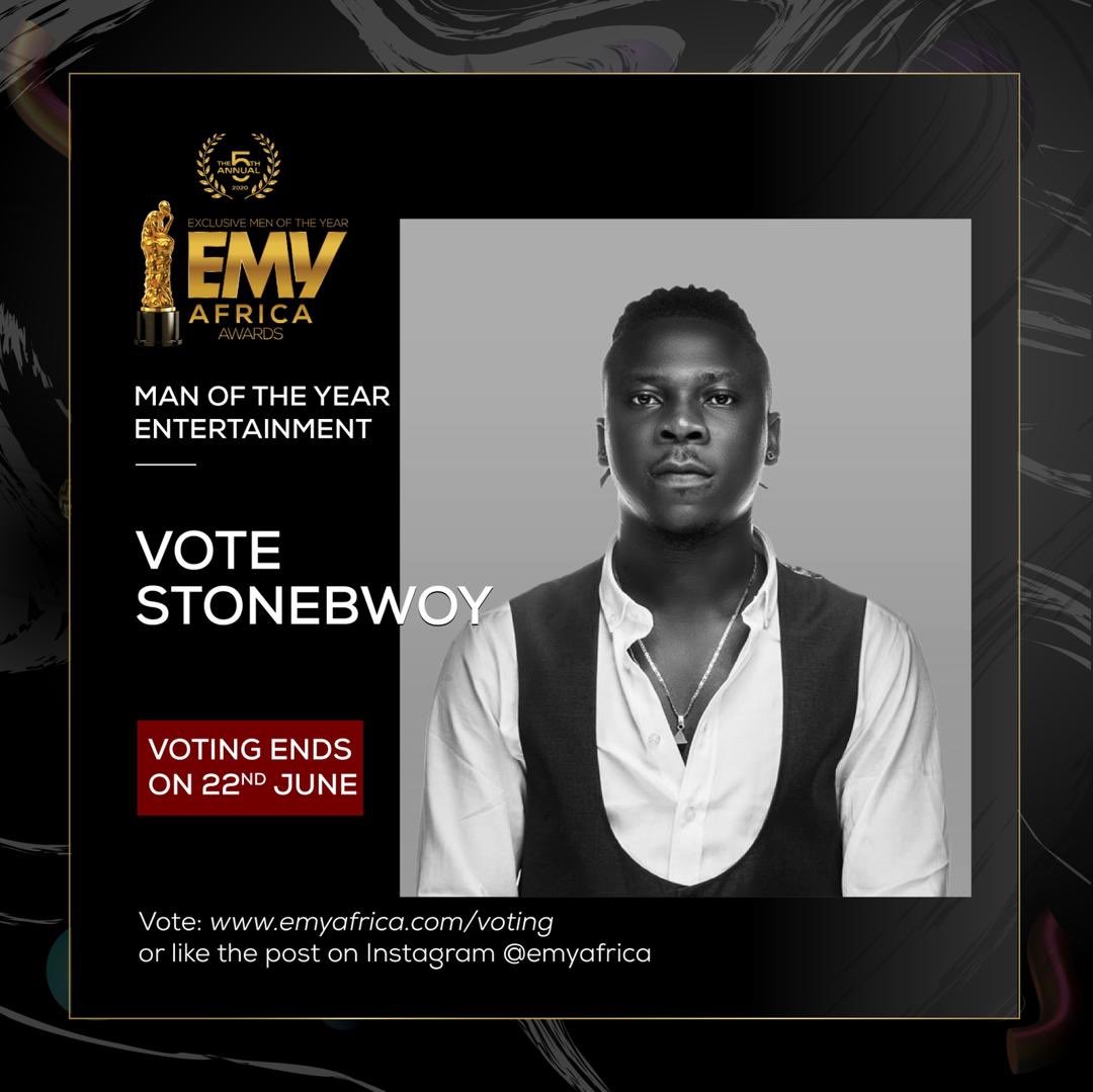 stonebwoy's tweet photo. The 5th EMY Africa Awards. 

To vote for your favourite nominee, visit https://t.co/7SbSDSNLDa or like the individual post of the nominee on the @emyafrica page. Social media votes only constitute 30% of total votes.

#EMYAfrica20 https://t.co/l7udaUjg31