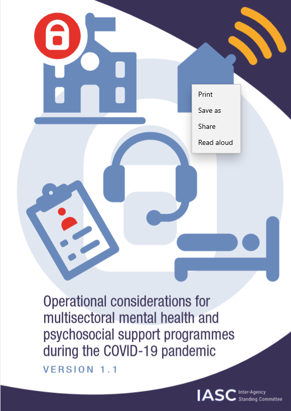 VentevogelPeter's tweet photo. This IASC document contains operational information on  continuation of comprehensive mental health and psychosocial support programmes in humanitarian settings during the COVID-19 pandemic. Very useful for UNHCR &amp; partners.
@iascch @refugees @WHO @UNICEF 
https://t.co/m879n5M0Gq https://t.co/ePS8fBNPeD