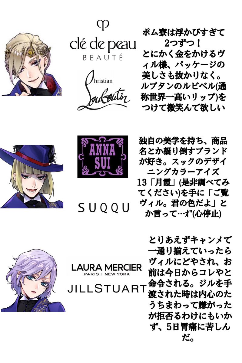 れみか 素敵なツイートを拝見したので 私 重度の美容オタ なりにツイステキャラの使ってそうなコスメブランド をまとめてみました あくまで個人の見解であり 様々なご意見があると思います 調べると結構キャラ色の概念コスメがあって滾りました ツイステ
