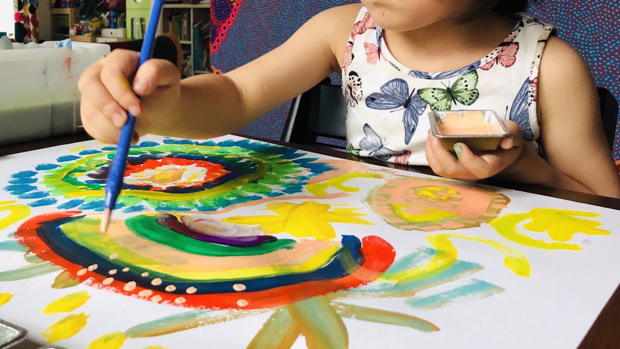 マイコ 療養中 今日は綿棒でてんてんアートと自由お絵かき 絵の具で描くのが楽しいらしい 花火の絵を描くのにハマっているらしい T Co Obaezbws7i Twitter