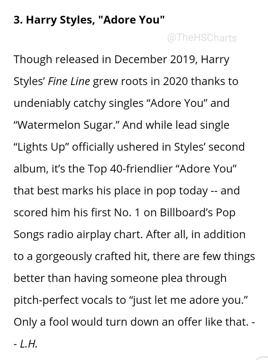 -Billboard ranks "Adore You" as the THIRD best song of 2020.- harry reached over 32 million monthly listeners on spotify for the first time.-harry had TWO songs in the top 5 of Pop Apple Music.