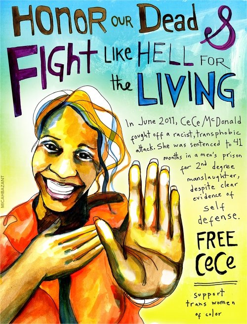 
In June 2011, CeCe McDonald fought off a racist, transphobic attack. She was sentenced to 41 months in a men's prison for 2nd degree manslaughter, despite clear evidence of self-defense. Free CeCe: support trans women of color! Art by Micah Bazant