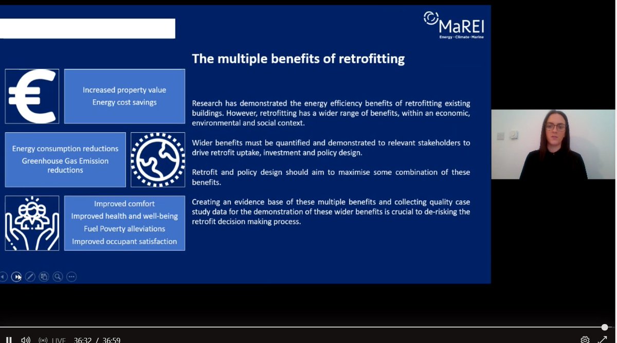 <a href="/Orlaith_ERBECDT/">Orlaith McGinley</a> based in @nuigalway is now presenting on "Retrofitting existing dwellings has multiple benefits, beyond energy efficiency, within an economic, social and environmental context" at the #MaREIRetrofittingHomes Symposium 

Join live: bit.ly/3ffRojX