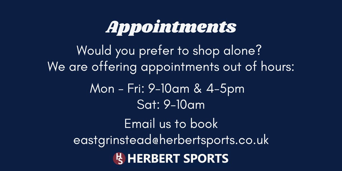 HerbertSports's tweet photo. We are now taking appointments for next week - book via email #herbertsports #eastgrinstead #shopsmall #supportlocalbusiness #independentbusiness #shoplocal #highstreet https://t.co/Rnmfzk6wmL
