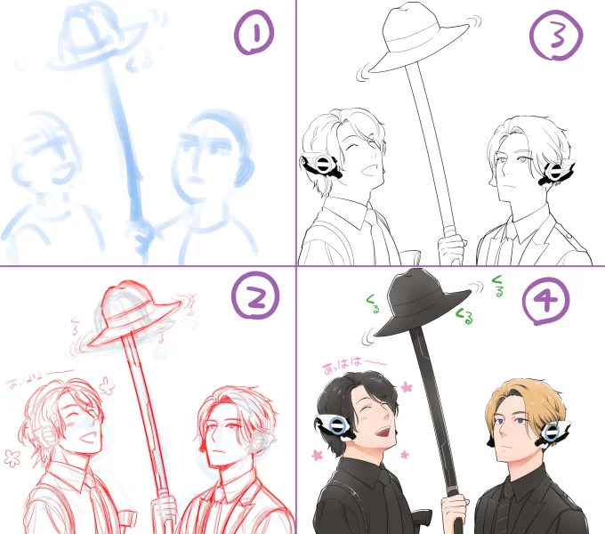 ざっくり作画工程～
特筆することはないんですけど、下書きに関してはレイヤーが増えるのが死ぬほど嫌なので、描いてはうっすら消して、描いてはうっすら消して、を1枚のレイヤーで繰り返してます。 