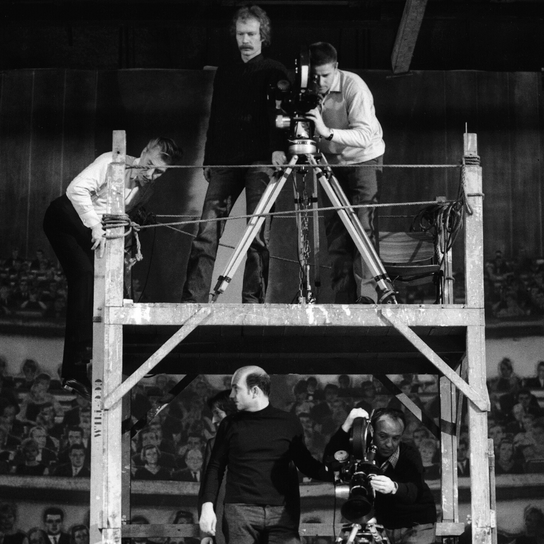 KarajanMusic's tweet photo. Herbert von Karajan climbing up the scaffold during the recordings of Beethoven's "Symphonie Nr.9" in 1968 - up top is Ernst Wild behind the camera with an asssistant; below is Hugo Käch and a camera man ©Siegfried Lauterwasser;Karajan-Archive #karajanist #recordings #staging https://t.co/WgAxv2Nuuy