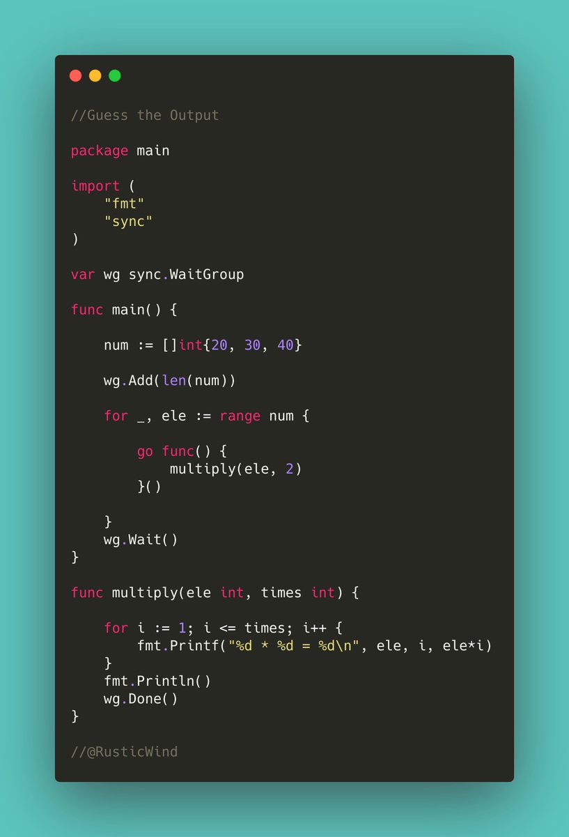 RusticWind's tweet image. Here is an interesting #Golang Quiz !
What could be the possible Output ?
#golangquiz #Gophers 
#100DaysOfCode #CodeNewbies