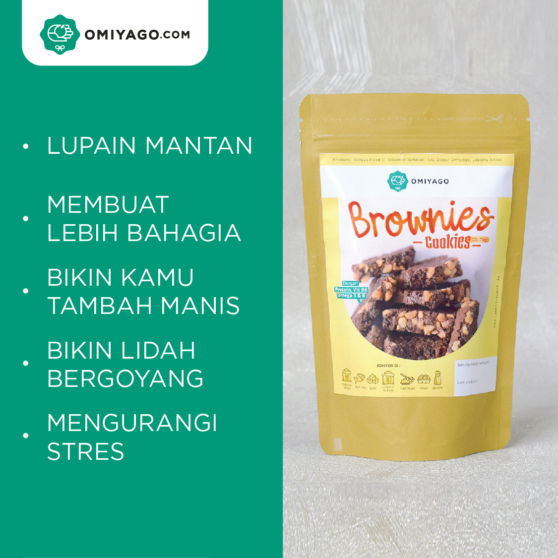 Buat Omiyagoes pecinta camilan manis, cobain Brownies Cookies Omiyago makanya. Niscaya bisa balikin mood kamu jadi lebih happy 😆 Selain enak, camilan ini juga mengandung omega 3 dan omega 6 yang berasal dari olahan ikan nila 🐟⁣
⁣
Buruan dipesan sebelum kehabisan ❤️😍❤️😍⁣