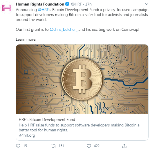 BitcoinTribe_'s tweet photo. You've probably heard the news. One just needs to look at @HRF 's wiki page and their website to gauge the impact of the move. Welcoming the decision. Congratulating @chris_belcher_
#bitcoinconversations https://t.co/RU58Z3jkMO