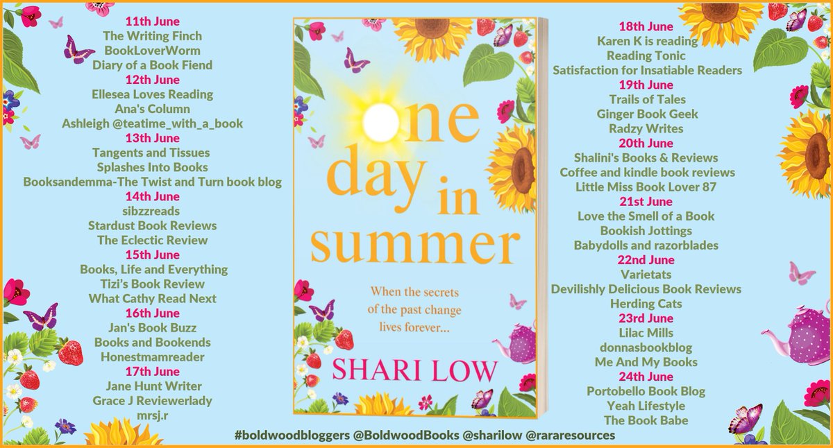 Kicking off the One Day in Summer blog tour today we have <a href="/writingfinch_/">Holly</a> <a href="/Bookloverworm1/">Sandra - BookLoverWorm 🏴󠁧󠁢󠁳󠁣󠁴󠁿 🏳️‍🌈</a> &amp; @Norin_76. Thanks so much for taking part! 💐💛

One Day In Summer by Shari Low is available now ➡️ buff.ly/2yqN40Y

<a href="/rararesources/">Rach RandomResources</a> <a href="/sharilow/">Shari Low Books</a>  #boldwoodbloggers