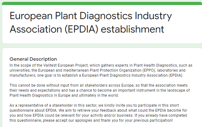 ValitestProject's tweet photo. Time to have a European Association for the Plant Diagnostic Industry #EPDIA. If you are a specialist in this field, your contribution is valuable to us. Fill in the WP7 survey https://t.co/xBu6OwpuCs  #Bioreba @ClearDetections @IpadLab @LOEWEBiochemica #Sediag @PrimeDiagnostics https://t.co/IpNrfkcb7y
