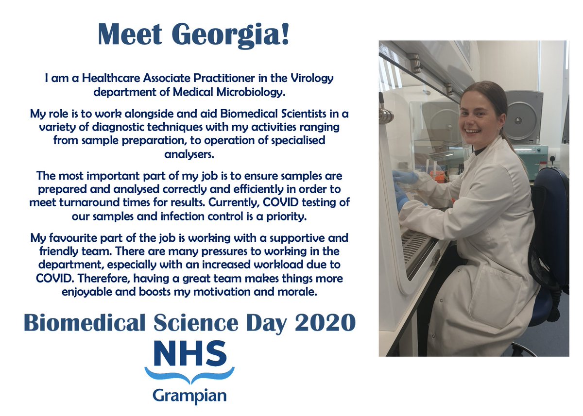 NHSGrampian's tweet image. Meet Georgia, a Healthcare Associate Practitioner in the Virology department of Medical Microbiology.

#BiomedicalScienceDay2020
#BehindEveryTest 
#AtTheHeartOfHealthcare
@IBMScience