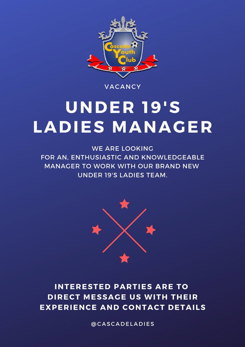 CascadeLadies's tweet photo. ⚽️| Under 19’s Ladies Manager Wanted

We are on the look out for a manager to work with our brand new under 19’s team

If you’re interested in the position and want to get involved with a great club direct message us or contact us on Cascade_Ladies@outlook.com

#UPTHECADE

❤️💙 https://t.co/DRjpzbIqBb