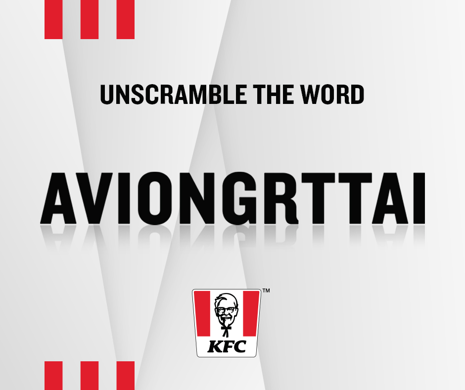 KFC_Ghana's tweet photo. It is unscramble O'clock! π¨
Can you unscramble the word below? π€Comment with the correct answer. #KFCUTW https://t.co/5QbVmEjKZi