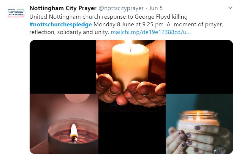 ChurchesEngland's tweet photo. Nottingham churches unite in prayer &amp; action against racial injustice.

Christians across #Nottingham prayed, lit a candle &amp; pledged to examine their attitudes, listen &amp; work for unity across the whole church...

https://t.co/H0XzdzoTDs

#NottsChurchesPledge
@nottscityprayer https://t.co/YxOtVcdWIH