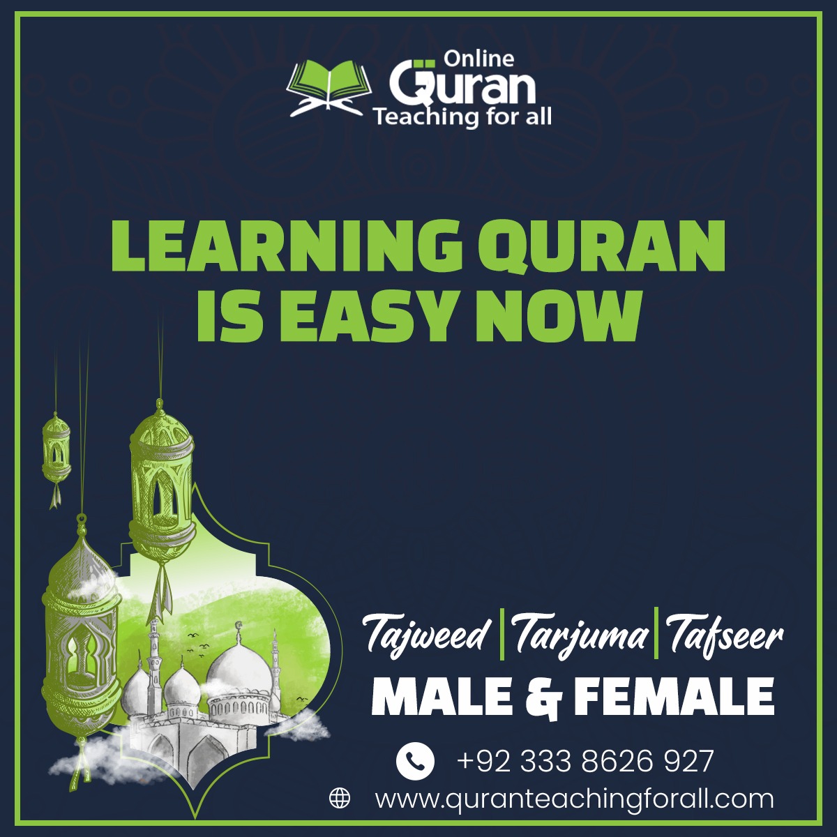 LiveQuranLearn's tweet photo. Learn Quran is Easy Now with Tajweed, Tarjuma and Tafseer

Recite and Learn the Holly Quran with Us

Call Now at +923338626927! 
Website https://t.co/NJn9aX1c9U https://t.co/20uld5PJNC