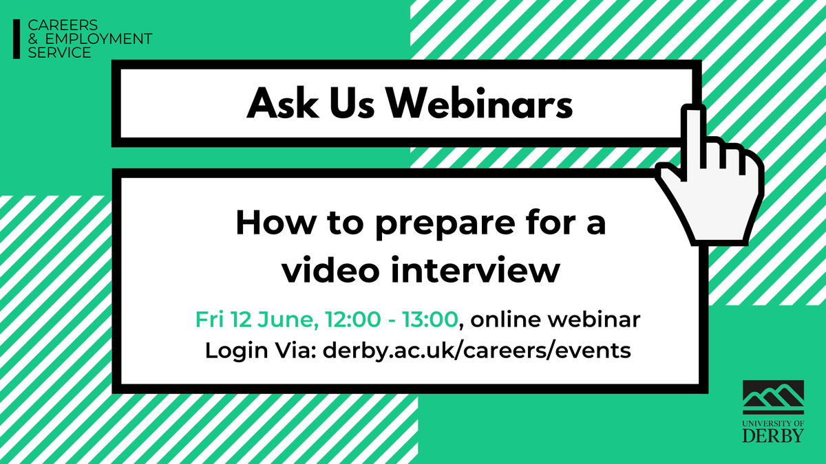 University of Derby Careers (@derbyunicareers) on Twitter photo We are hosting an hour webinar tomorrow to help you prepare for any video interviews you have coming up. Join us tomorrow 12th June at 12 - 1pm via derby.ac.uk/careers/events
#Employability #OpeningDoors
<a href="/derbyunistudent/">Derby Uni Students</a> <a href="/DerbyUni/">University of Derby</a> <a href="/DerbyUnion/">Union of Students</a> We are hosting an hour webinar tomorrow to help you prepare for any video interviews you have coming up. Join us tomorrow 12th June at 12 - 1pm via derby.ac.uk/careers/events
#Employability #OpeningDoors
<a href="/derbyunistudent/">Derby Uni Students</a> <a href="/DerbyUni/">University of Derby</a> <a href="/DerbyUnion/">Union of Students</a>