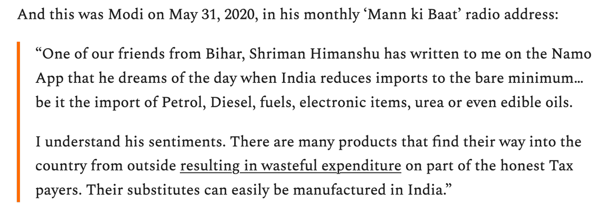Yet this is what Modi has been saying of late: "There are many products that find their way into the country from outside resulting in wasteful expenditure..." https://thepoliticalfix.substack.com/p/the-political-fix-with-atmanirbhar