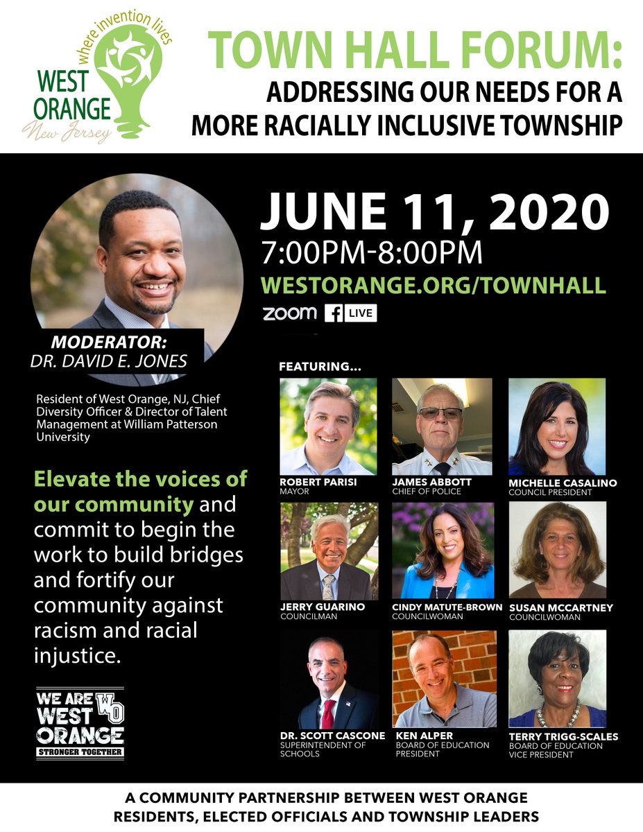 WestOrangeInfo's tweet photo. TONIGHT! June 11, 2020 at 7pm. You're invited to a Town Hall discussing our Needs for a More Racially Inclusive Township. This will be LIVE on our Facebook page and Zoom. Hope to see you there. #WeAreWestOrange https://t.co/ZW8fAsGK8z