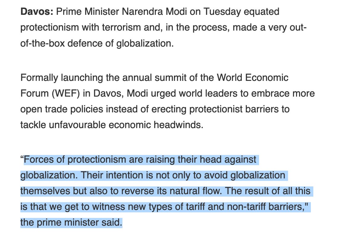 The Prime Minister made this comparison – saying protectionism is like terrorism – at the World Economic Forum in Davos, in 2018:  https://www.livemint.com/Politics/Z7eH1dwqpdMz2wPiKhq7HM/Protectionism-bad-as-terrorism-says-Narendra-Modi-in-Davos.html