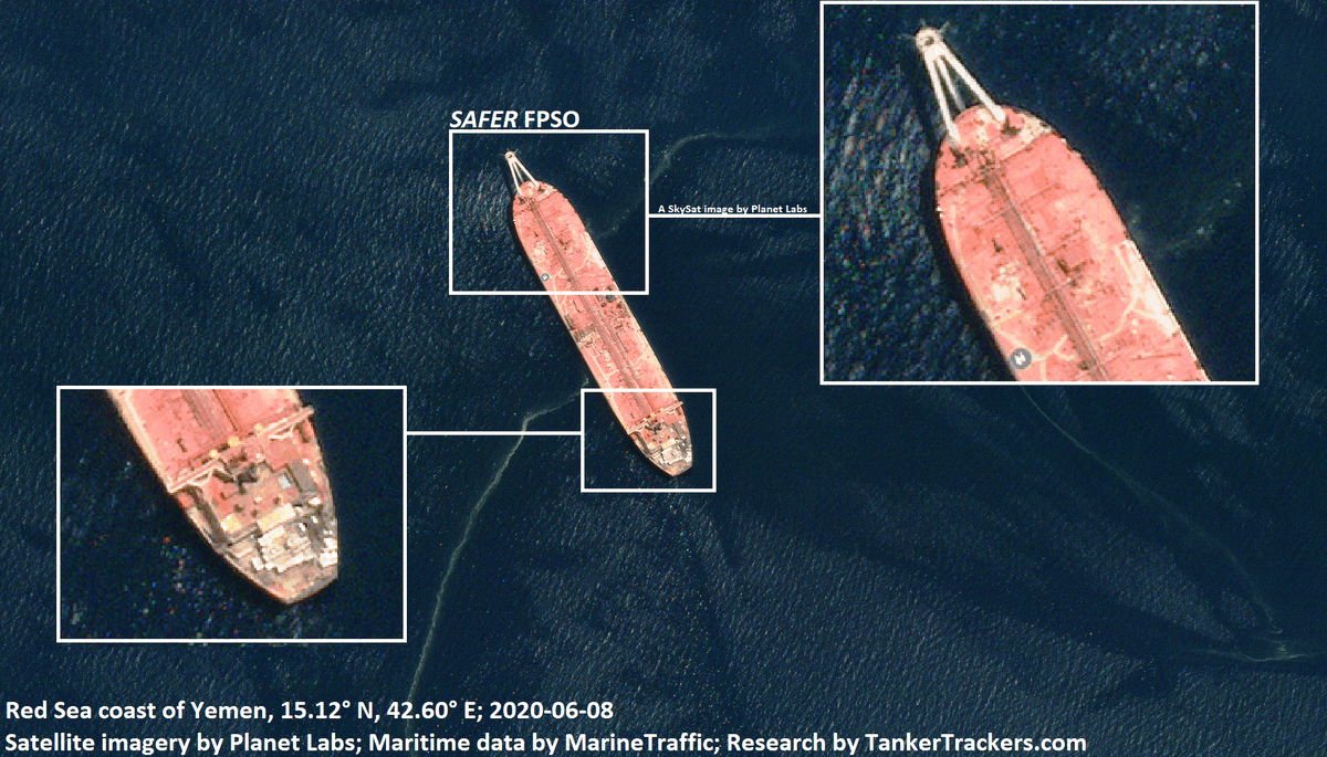 Right before  @planetlabs further improved its SkySat quality this week, we were amazed to finally see a hi-res shot of the abandoned 350m x 70m FPSO tanker SAFER off the coast of Yemen. She's 44y old and still contains oil aboard, but EXTREMELY dangerous due to gas buildup.  #OOTT