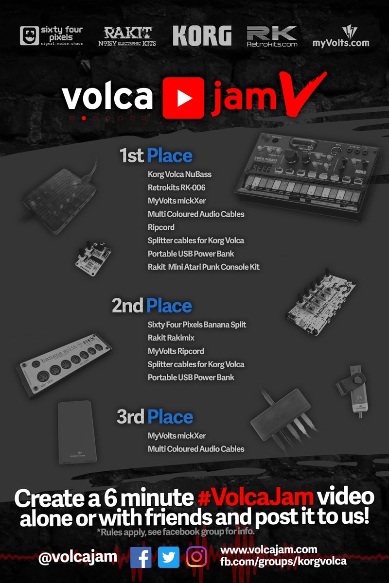 VolcaJam's tweet image. VolcaJam V is NOW ON!

To enter post your video to 
the Korg Volca Group: fb.com/groups/korgvol…
Twitter: 
Instagram: instagram.com/volcajam/

PRIZES from @KorgUK @RetrokitsDev @MyVoltsTweets @rakit_kits @six4pix 

#korgvolca #volcajam #volca #Competition