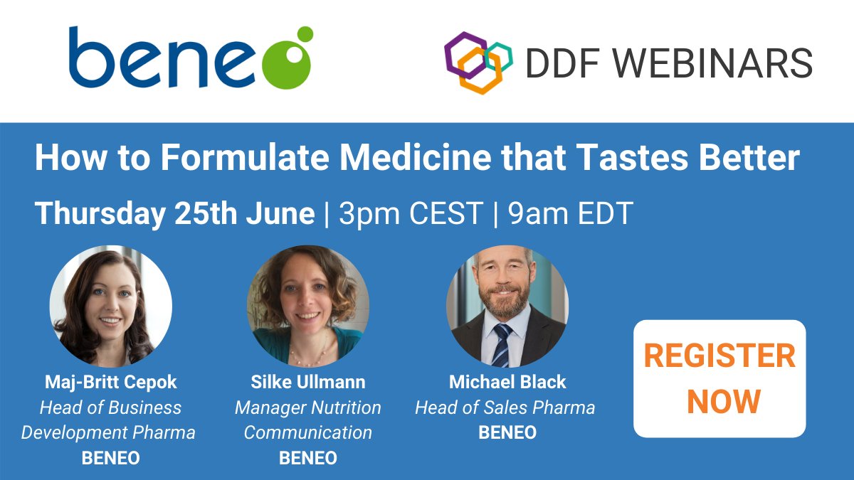 Recent trends show that #patients and #consumers want to take their #medicine and #nutritionalsupplements in a more comfortable and pleasant form.
If you're looking to improve the #palatability of your medicine, this free webinar with @_BENEO is for you!
view6.workcast.net/register?cpak=…