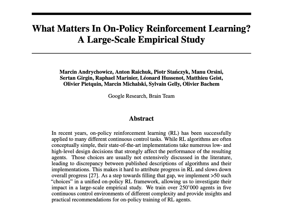 OlivierBachem's tweet photo. We spent the last months at @GoogleAI Zurich &amp; Paris trying to understand on-policy RL for locomotion using a large scale study (>250'000 models). Check out https://t.co/acc37lMixA for insights and practical recommendations on >50 high- and low-level implementation decisions! 1/2 https://t.co/6pXMCvteYX