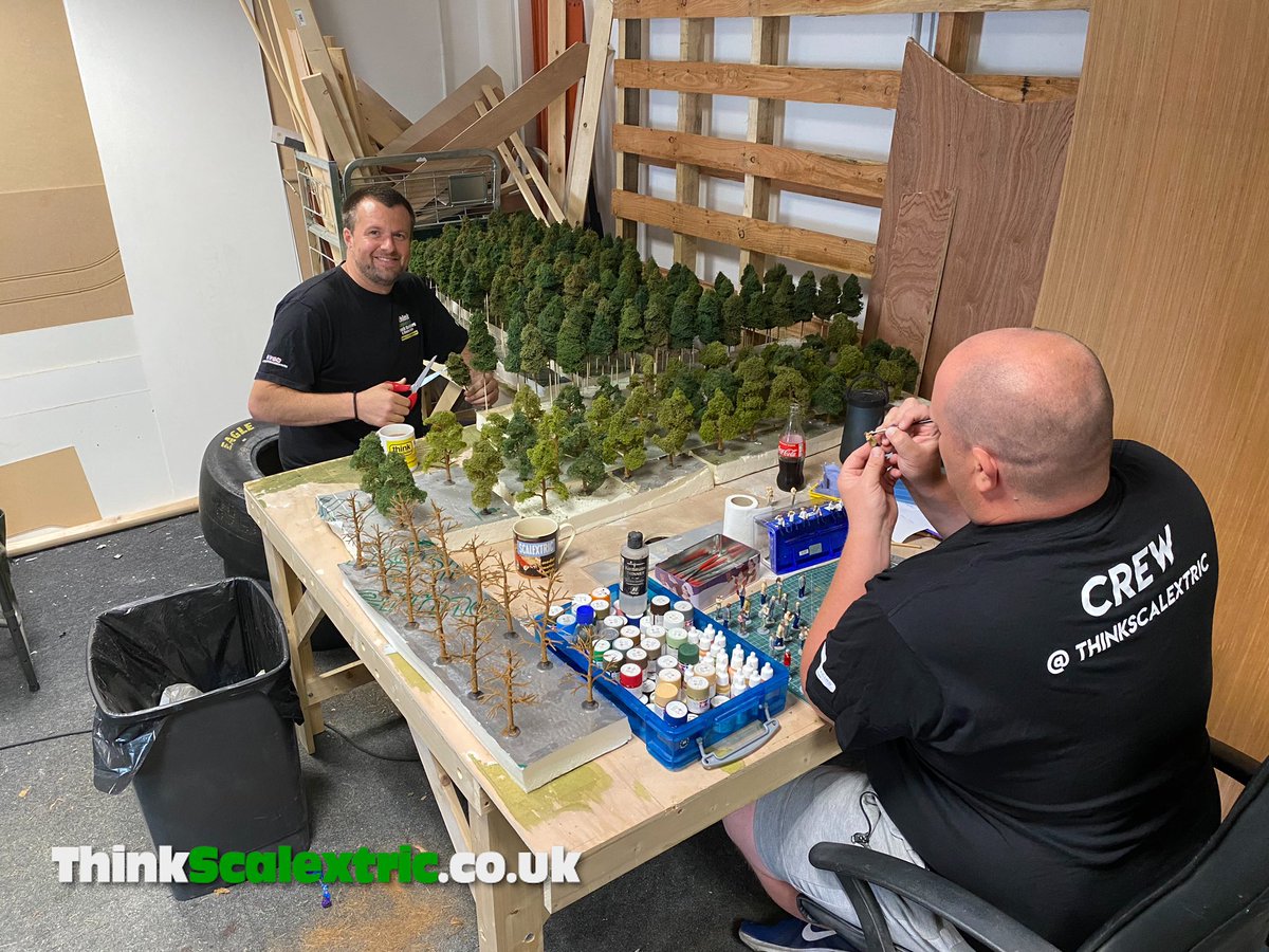 ThinkScalextric's tweet photo. Having a productive day making some trees, painting figures and making rocks for the next #Scalextric track we’re building for a client. https://t.co/OrnzhfHytY