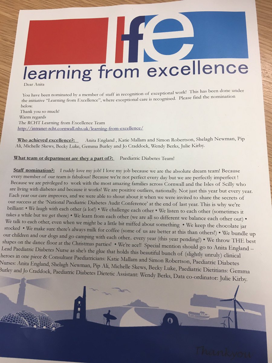I am so thrilled to receive a nomination for our team under the initiative ‘Learning from Excellence’  Our paediatric diabetes team is fab. <a href="/MelRichardsmel/">mel gilbert</a> <a href="/GemBurley/">Gemma Burley</a> <a href="/kimvon_o/">Kim O'Keeffe - BEM</a>