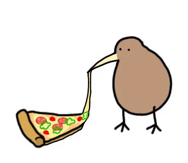 ピザをつつくキーウィ 