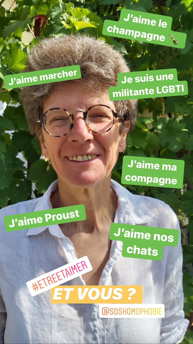 #EtreEtAimer J aime le Champagne, j aime ma compagne, jaime marcher, j aime Proust,  j aime nos chats, je suis une militante LGBTI
Et vous?
<a href="/SOShomophobie/">SOS homophobie</a>