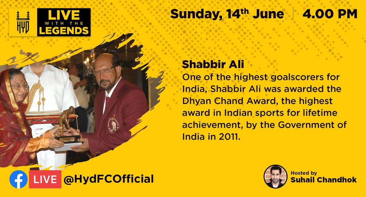 HydFCOfficial's tweet photo. #SpeakerWatch: Join us this Sunday, as we catch up with Shabbir Ali, one of India's all-time greats on Live with the Legends, on Facebook. #LiveWithTheLegends. #ShaanEHyderabad 💛🖤🙌 https://t.co/ZOqWxh8Rmq