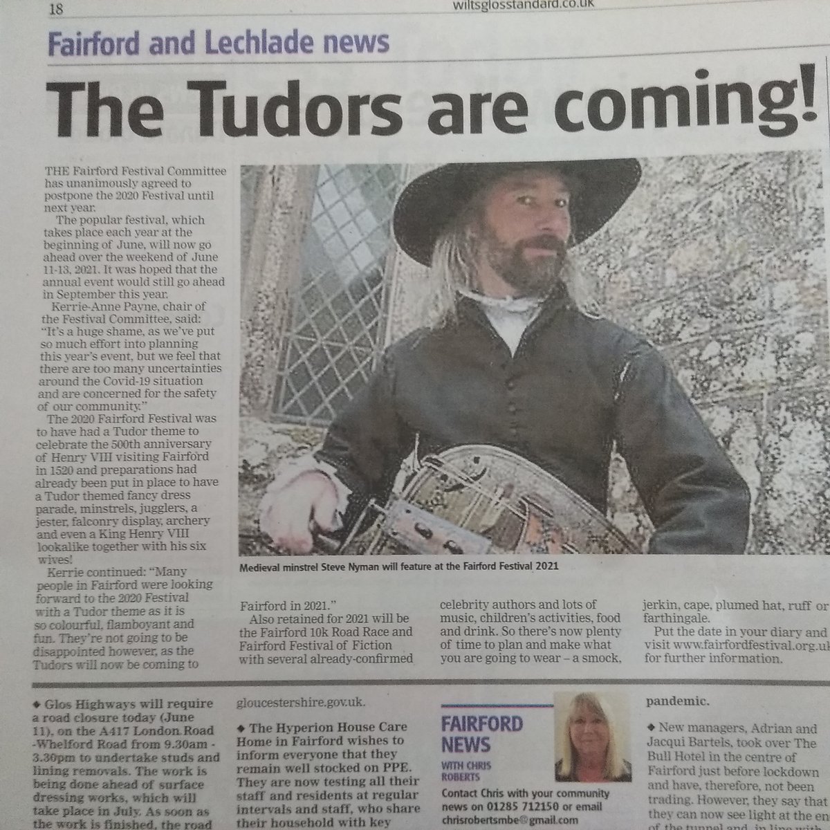 Chris Roberts MBE (@chrisaroberts) on Twitter photo In the <a href="/WiltsAndGlosStd/">Wilts & Glos Standard</a> this week. My article about the #Tudors coming to <a href="/FairfordFest/">Fairford Festival</a> next year. In the <a href="/WiltsAndGlosStd/">Wilts & Glos Standard</a> this week. My article about the #Tudors coming to <a href="/FairfordFest/">Fairford Festival</a> next year.