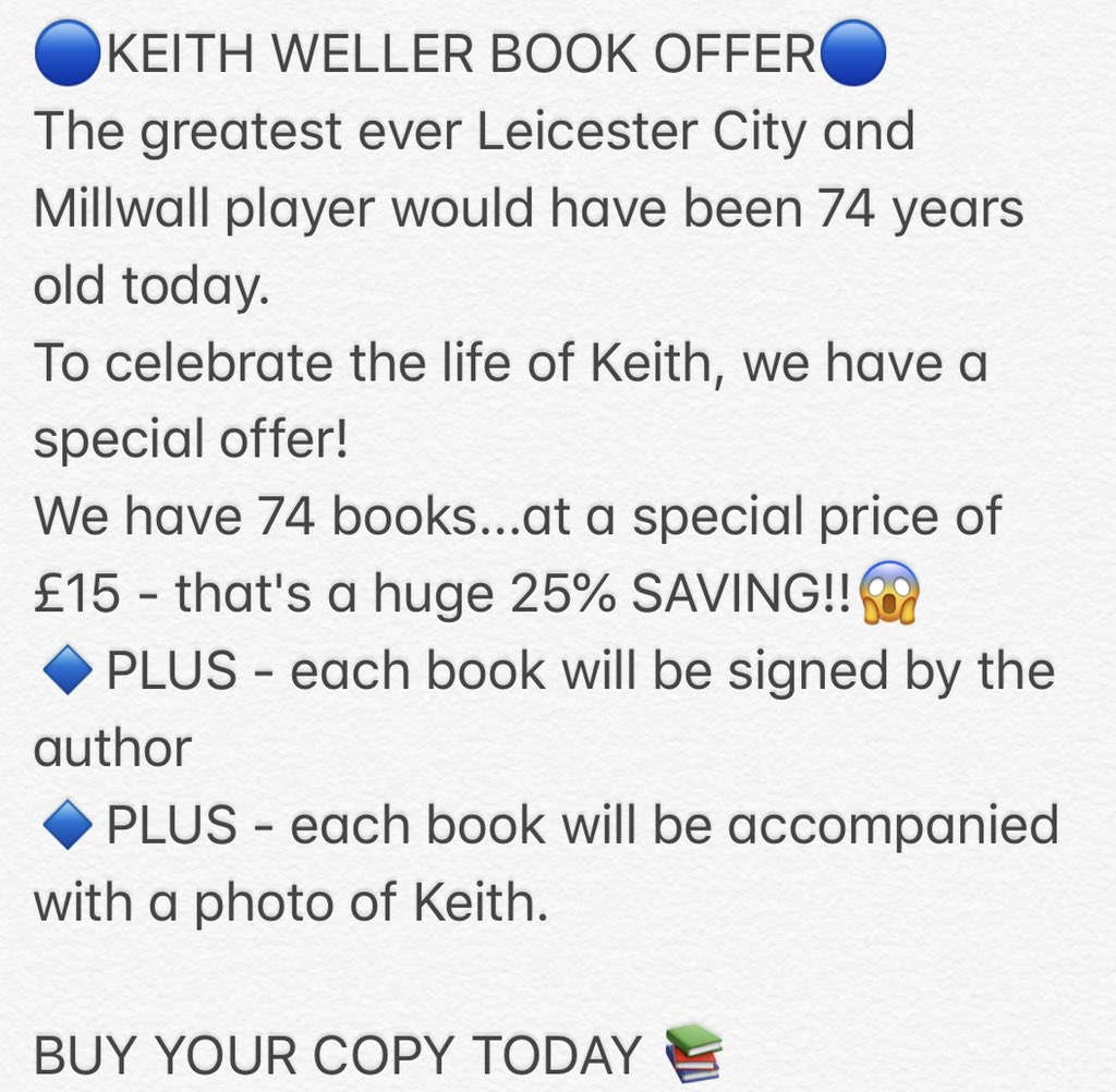 BlueArmyPublish's tweet image. 🔵KEITH WELLER BOOK OFFER🔵 @IanDavidsonStat @_LCFCNEWS @MillwallFC @TheMillwallFans @LCFC @FoxesNews @FIRST4LCFC @MillwallArchive @EnglidsAway 

bluearmypublishing.com/product-page/k…