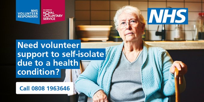 If you’re in an at-risk group and need support with shopping or medicine collection while you shield at home because of #coronavirus, you can request help from the #NHSVolunteerResponders 💙.

Call 0808 1963646 to self-refer today 🛒💊📞. 

👉 nhsvolunteerresponders.org.uk.