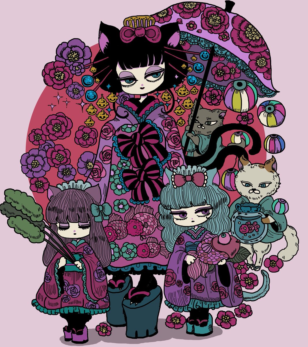 animal ears multiple girls 3girls cat ears cat tail japanese clothes tail  illustration images
