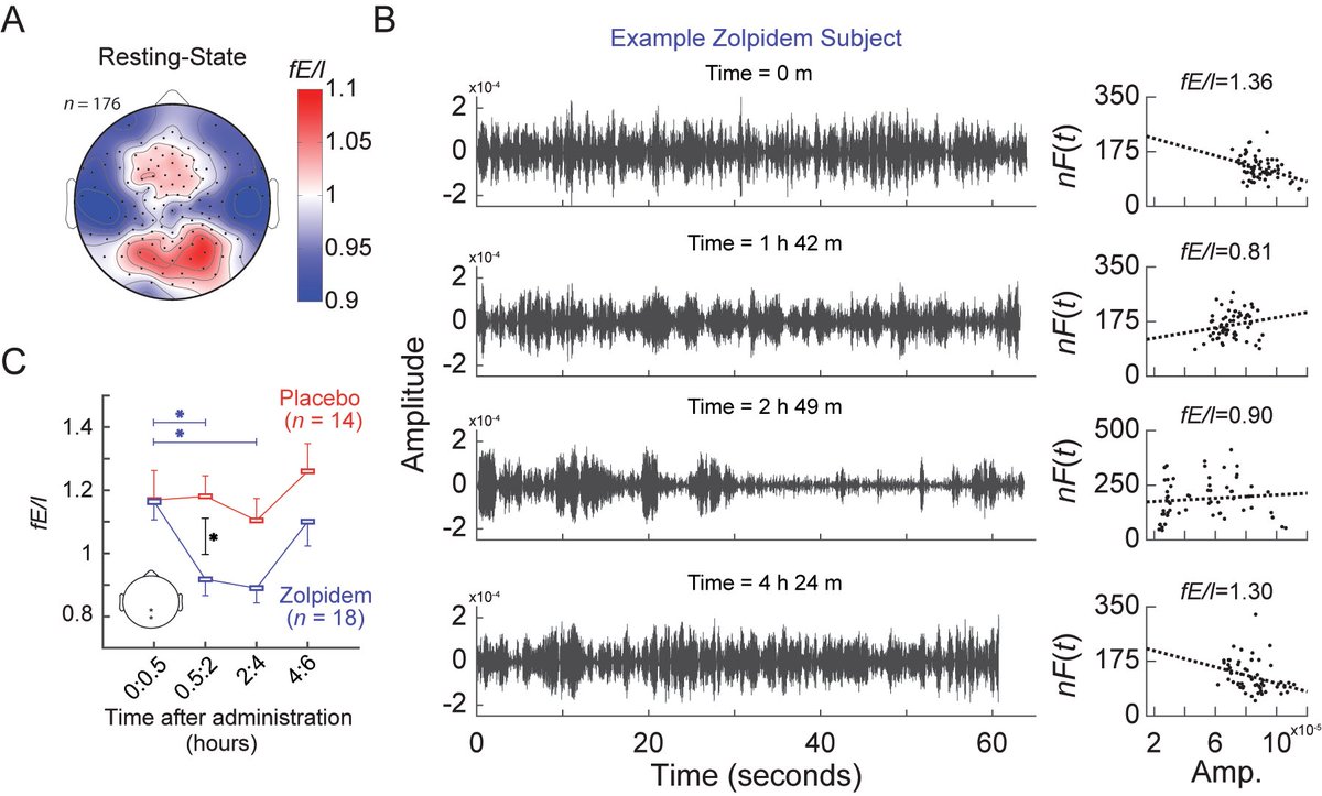 linkenkaer_lab's tweet photo. Applying the algorithm to a large human EEG dataset, we see that on average fE/I is close to 1 (A). To validate the algorithm, we applied it to data recorded from subjects who received a drug that enforces inhibition (B), and found the expected decrease in fE/I (C). (5/9) https://t.co/gzPVws8IOZ