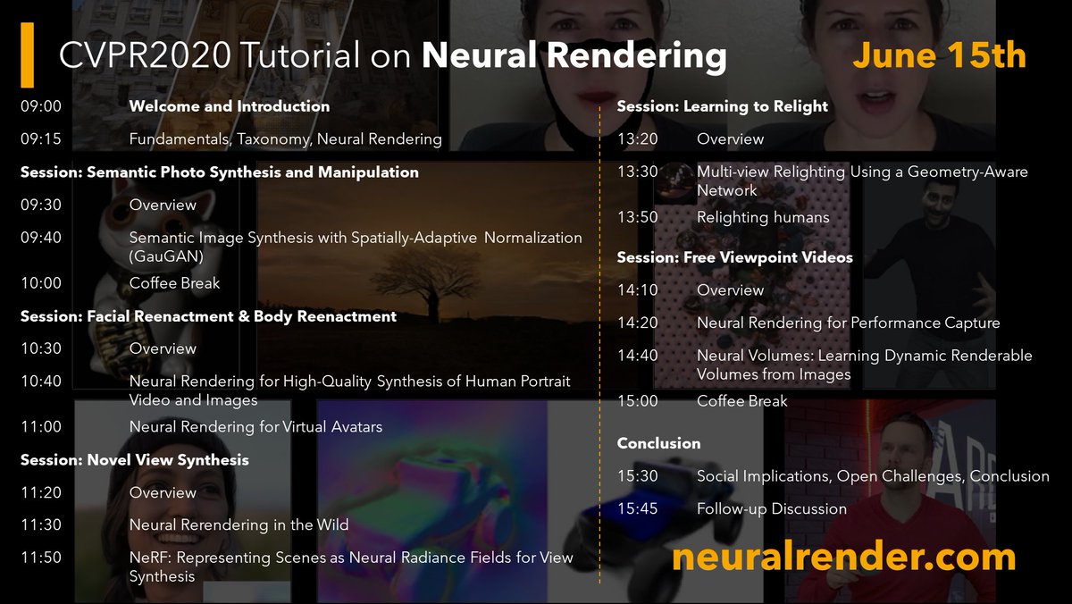 JustusThies's tweet image. I'm happy to announce our CVPR2020 Tutorial on Neural Rendering (June 15th, Full Day).
We have a lot of amazing guest talks from the top researchers in the field!
The tutorial will be streamed via YouTube!
Check out our website: neuralrender.com
#CVPR2020 #NeuralRendering