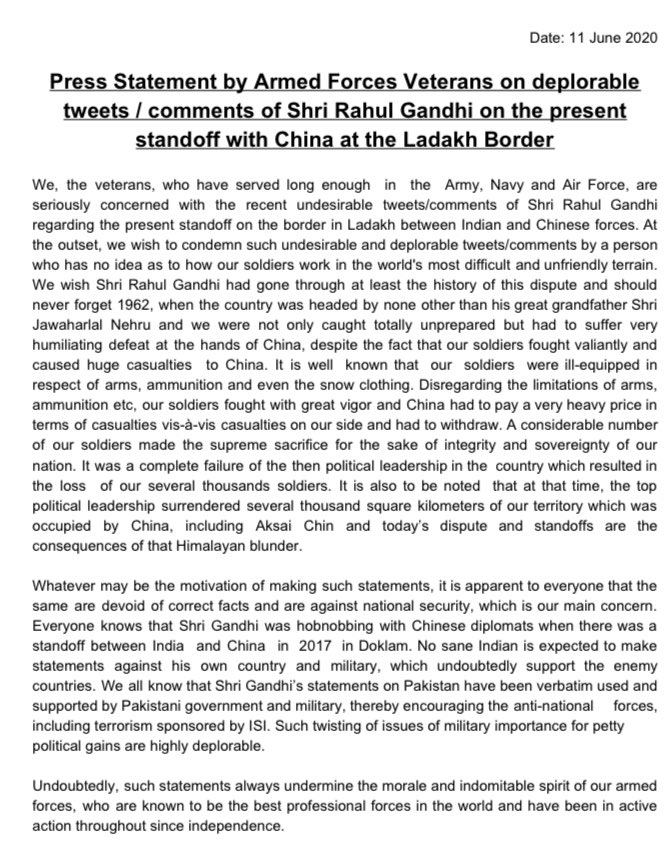 BlogNews19's tweet image. 71 पूर्व सैनिक अधिकारियों ने भारत-चीन के बीच चल रहे मौजूदा विवाद पर आज साझा बयान जारी किया है. इस बयान में विवाद के दौरान आए राहुल गांधी के ट्वीट्स पर सवाल उठाए गए हैं.