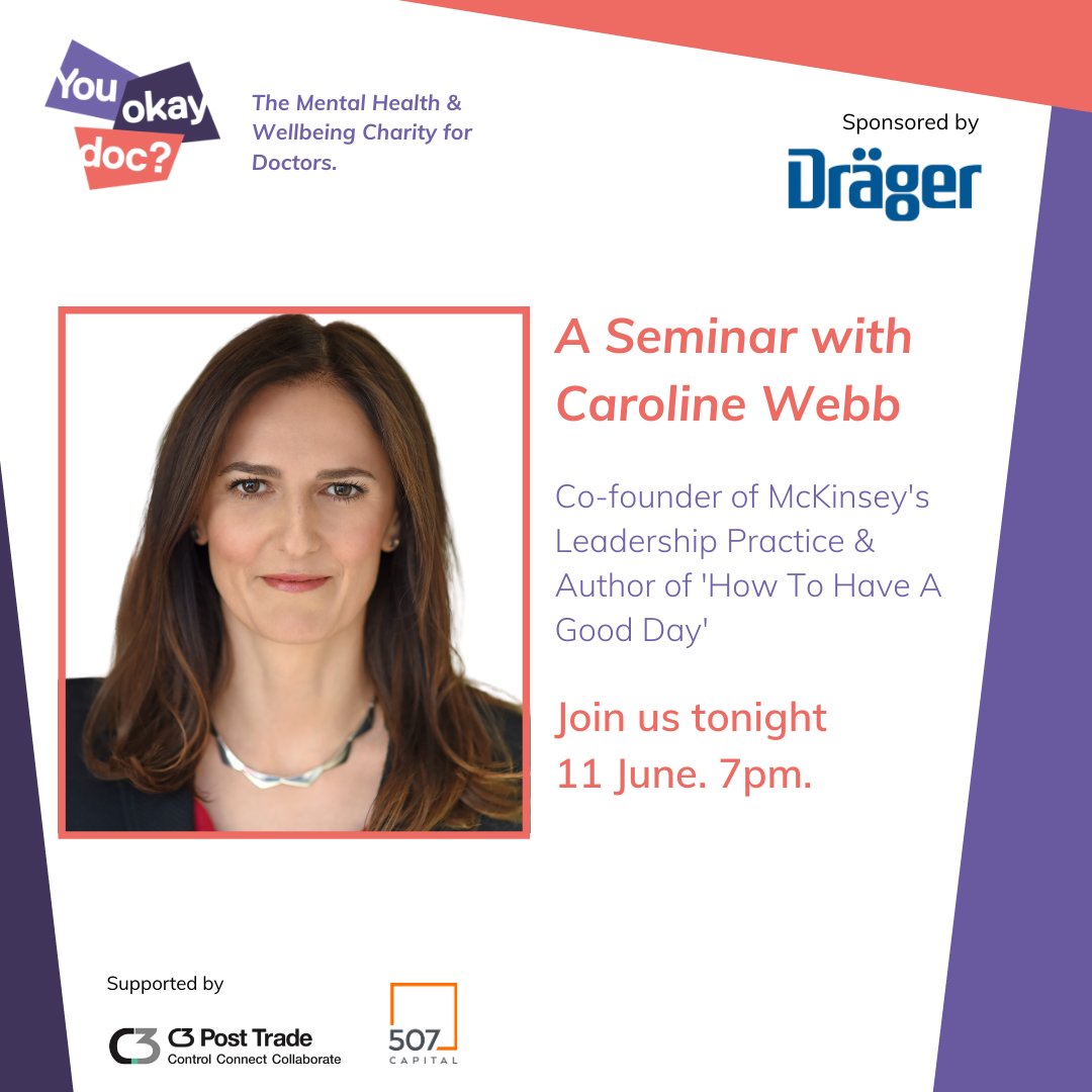 youokaydoc's tweet photo. Join us today at 7pm as best-selling author of #howtohaveagoodday and former founder of McKinsey leadership practice @Caroline_Webb_ and Chris Cherry speak about resilience in the age of the virus. Reserve your place now: https://t.co/j3XAKobLvs #emotionalhealth #mentalhealth https://t.co/JJOqZYyxGE