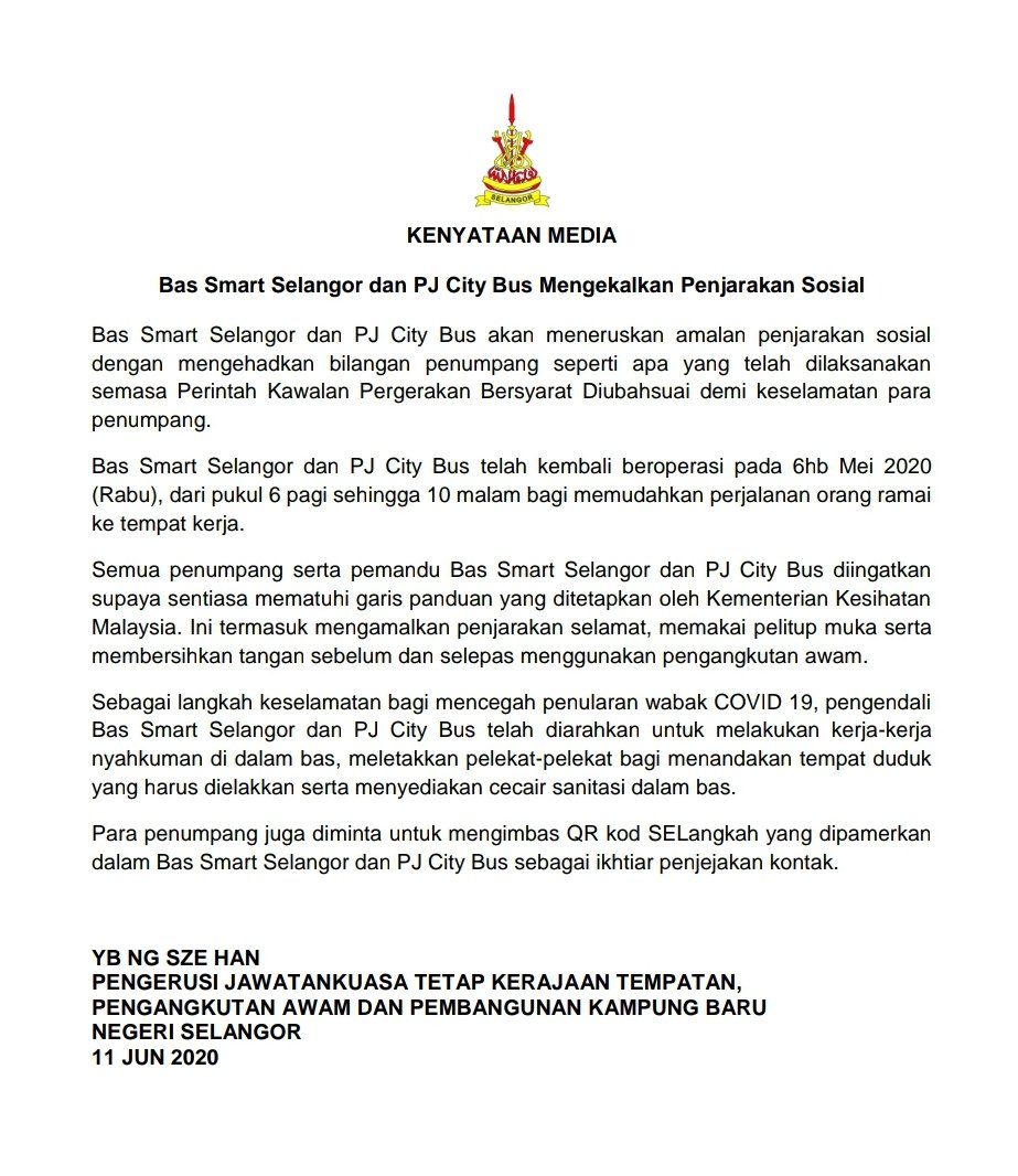 ngszehan's tweet image. Bas Smart Selangor dan PJ City Bus akan meneruskan amalan penjarakan sosial dengan mengehadkan bilangan penumpang seperti apa yang telah dilaksanakan semasa PKPB Diubahsuai demi keselamatan para penumpang.   

#BasSmartSelangor