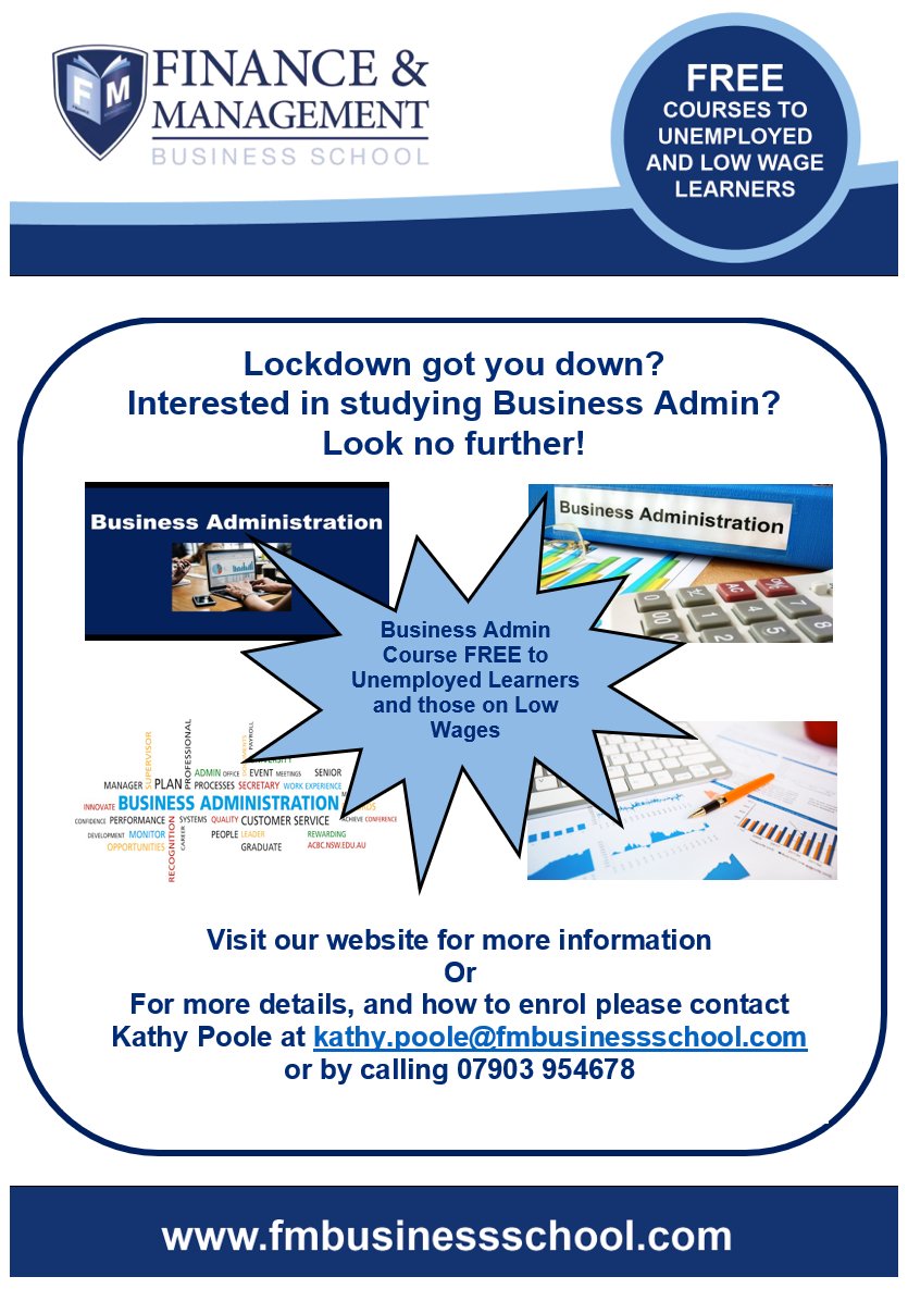 Suffering from lockdown lethargy and furlough frowns, and want to secure your next job in Business Admin then our online training course could be just what you are looking for. 

Want to know more check out the information below and pop onto our website: fmbusinessschool.com.