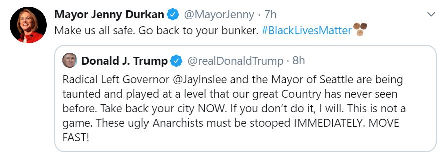 RyanKPIX's tweet photo. President Trump -- threaten to take back Seattle #Chaz near SPD East Precinct.
Mayor Durkan and Governor Inslee snap back.
https://t.co/sUtBXUhlRU
#KOMONews #SeattleProtests 
#SeattleAutonomousZone https://t.co/cPSx0n1FaC