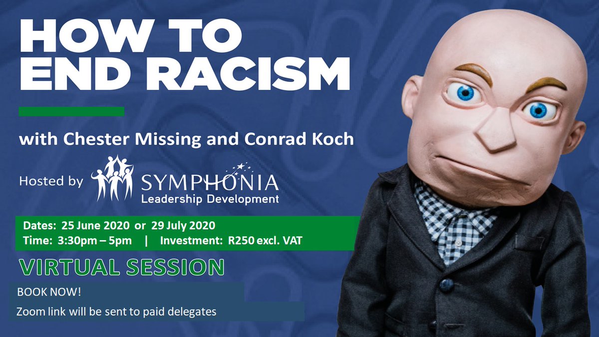 We are pleased to have teamed up with <a href="/chestermissing/">Chester Missing</a> &amp; <a href="/conradkoch/">Conrad Koch</a> to bring you: How to end Racism, Join us as they tackle issues our country is facing with some humor!
<a href="/louisevanrhyn/">Louise van Rhyn #Ubuntu</a> <a href="/kymjackson13/">Kym Jackson</a> 

Don't miss out, click below to book
bookings.symphonia.net/booking_form_x…