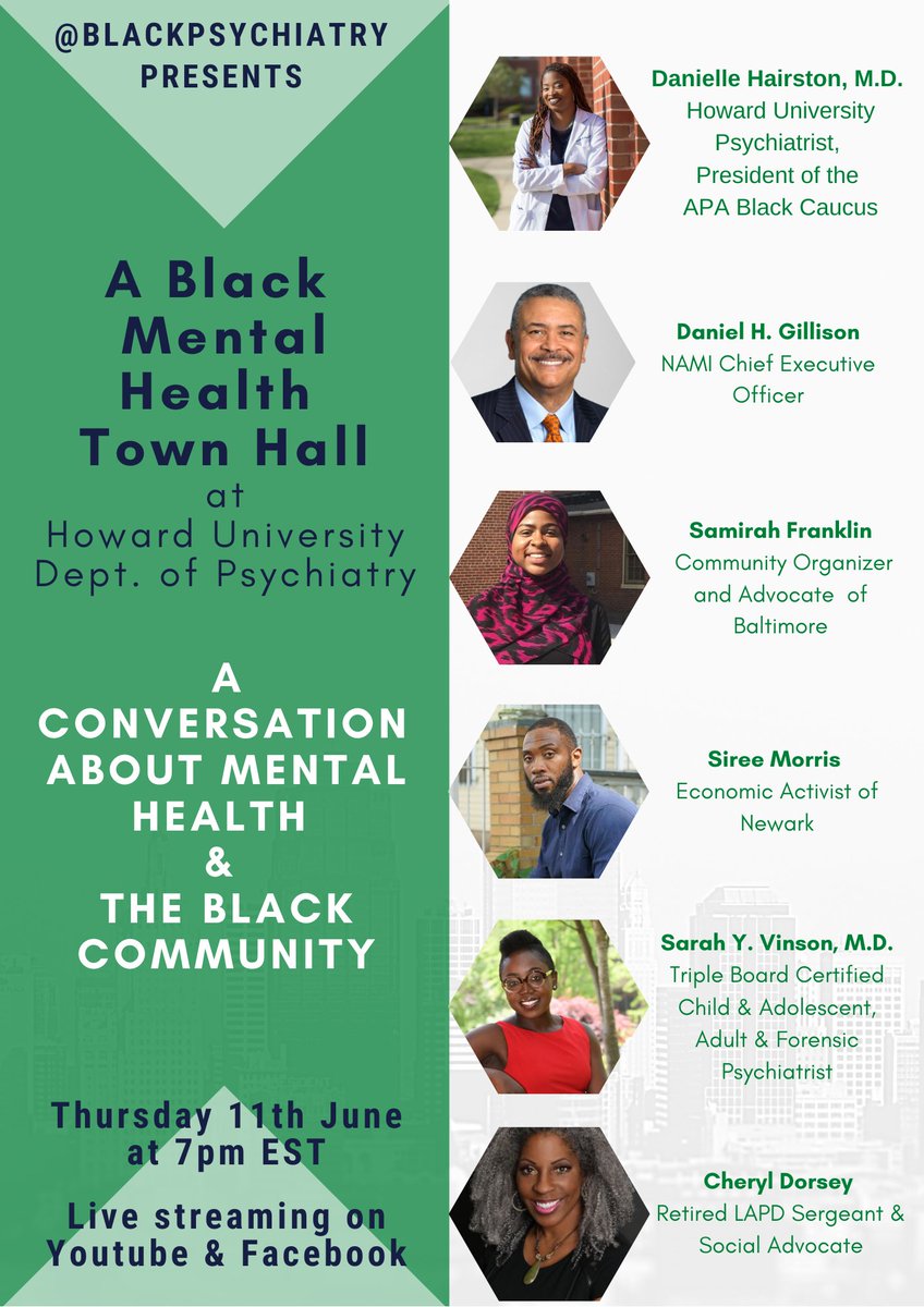BlackPsychiatry's tweet photo. A real conversation about Black Mental Health. Tonight at 7pm EST. 
With @ADocNamedDani @drsarahspeaks @NAMICommunicate @HowardU @bison_psych @BPA_INC
#BlackMentalHealthMatters 
Ways to watch 

@BPA_INC FB:
https://t.co/a4fWc2kpRi

Black Psychiatry YouTube
https://t.co/LuUp0oSOCg https://t.co/tUoVUGtbru