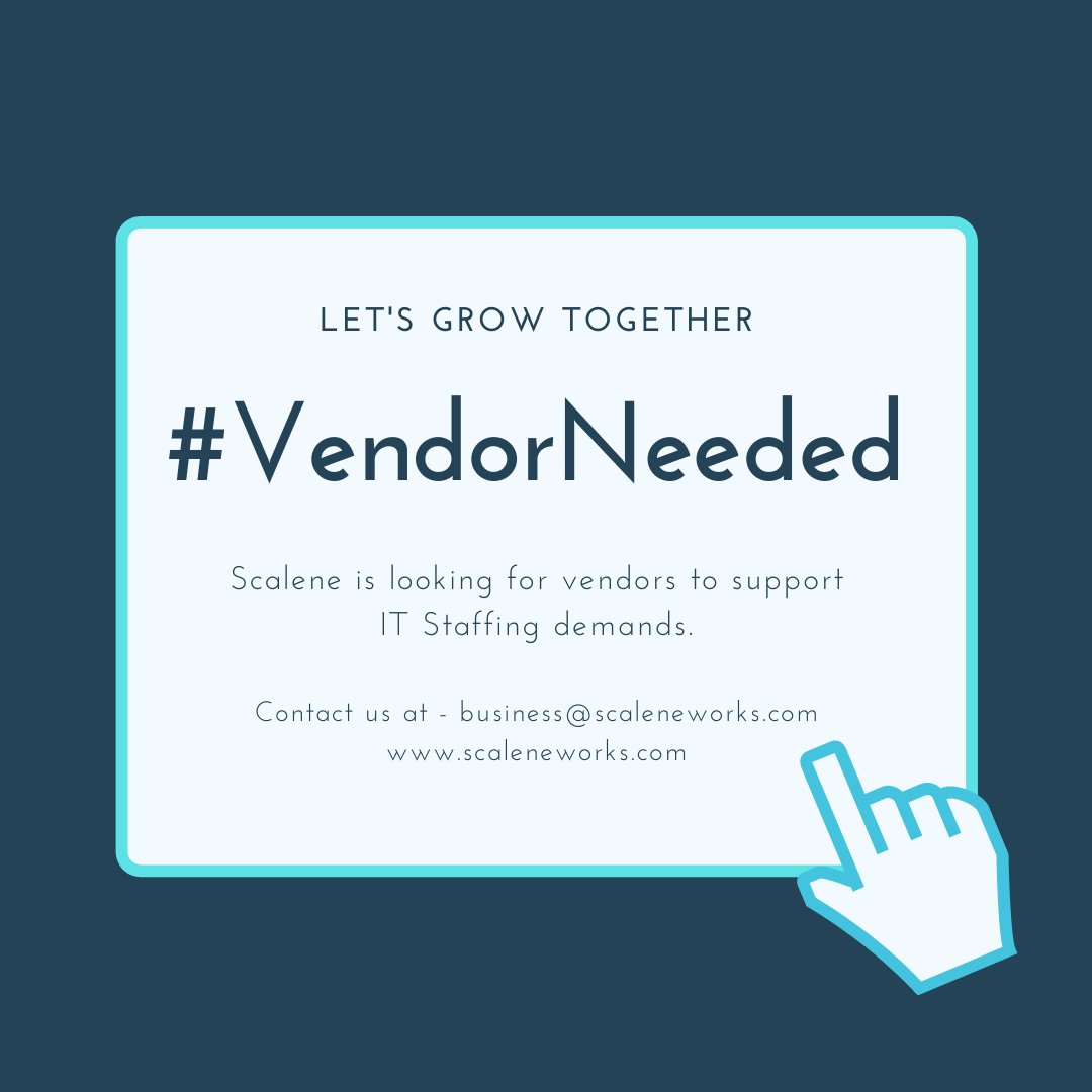 ScaleneWorks's tweet image. #LookingForVendors

ScaleneWorks is looking for vendors to support our #IT #Staffing needs needs to fill 250+ positions PAN India for clients.
Kindly reach out to us with your company  profile @ business@scaleneworks.com
#Staffingagencies  #Jobs #Staffing #Recruitment  #vendors