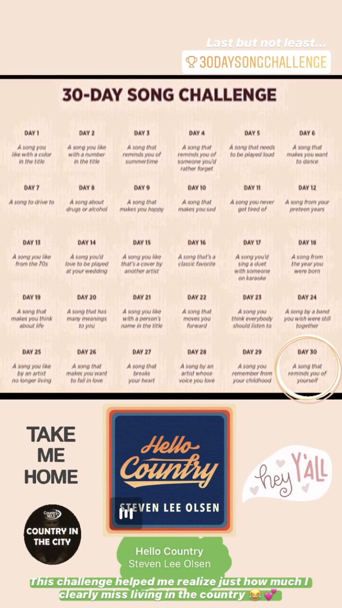SpaceCase7's tweet photo. Day 30: a song that reminds you of yourself.
My choice: #HelloCountry - @StevenLeeOlsen π€ π
#30DaySongChallenge
The first time I heard these lyrics, I freaked out (in a good way) because it PERFECTLY explains my emotions when heading back home from the city π₯°π₯°π₯° https://t.co/ulGz8QBx7g