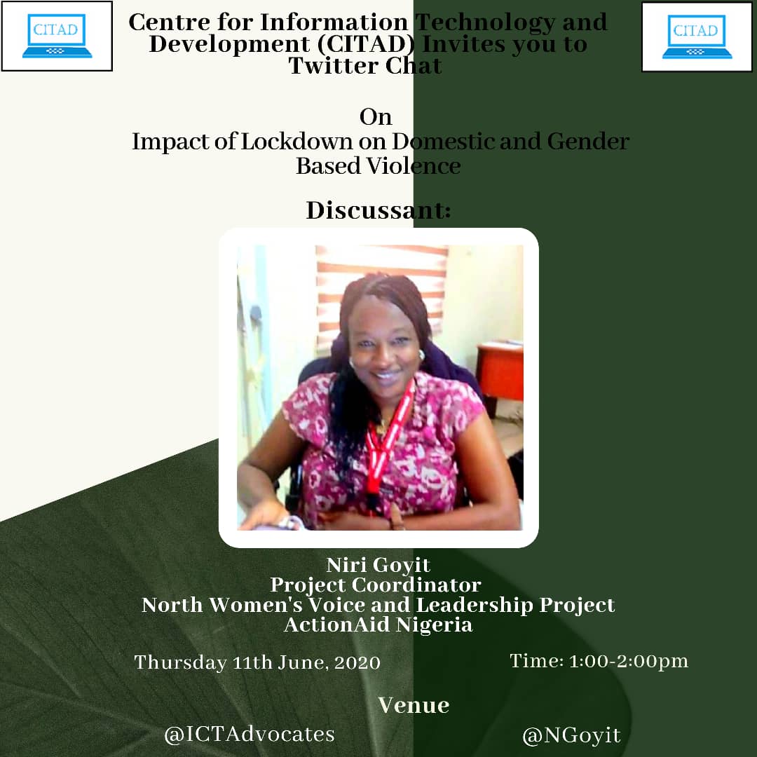 Mairo_Ado's tweet photo. Good afternoon dear all. Kindly join us in welcoming @NGoyit Niri Goyit,
Project Coordinator North
Women's Voice and Leadership Project
ActionAid Nigeria in this interesting Twitter Chat on Impact of Lockdown on Gender and Domestic Violence @MaryamH2382 @HariraWakili https://t.co/drGZjr3MTG